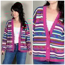 Vintage 1980s Multicolor Floral and Stripe Cotton Cardigan
