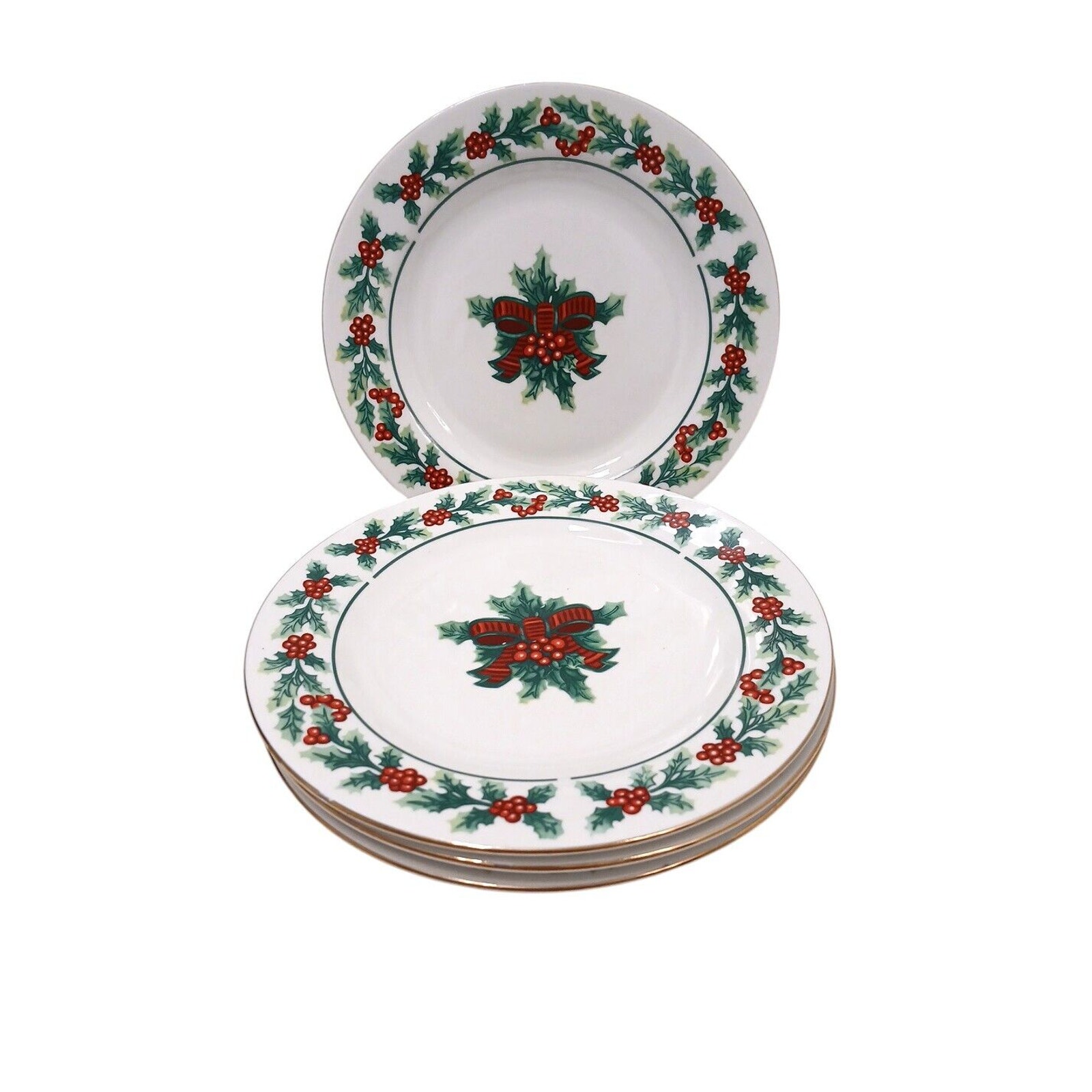 4 Pc Gibson Christmas 7 3/4 Cake Dessert Plates Holly Berries Wreaths Green Red