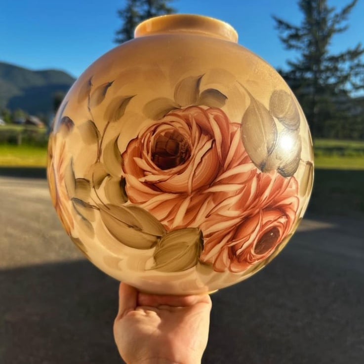 Hand Painted Victorian Opal Ball Globe Glass Shade with Roses 3 7/8" Fitting