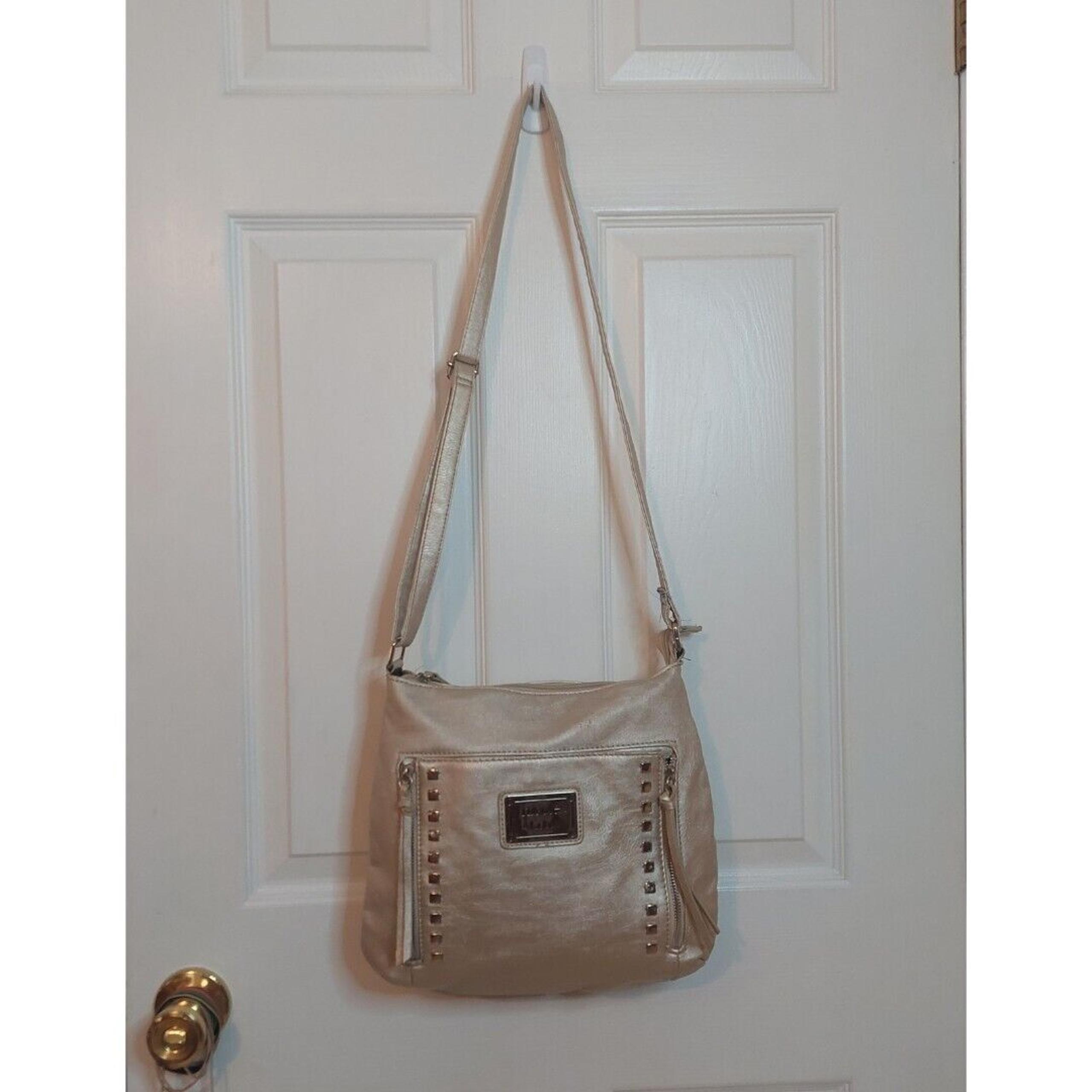 Nicole Miller Silver Metallic Faux Leather Studded Crossbody Bag Y2K Going Out