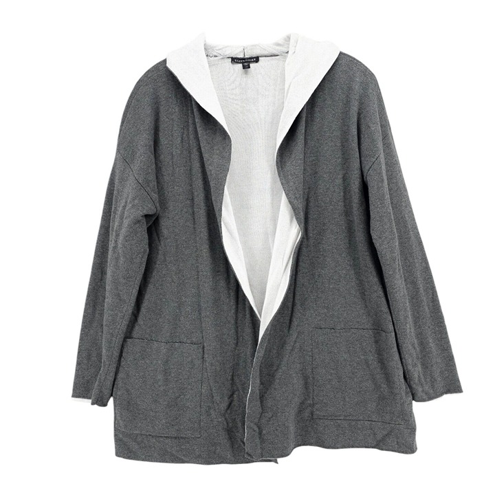 EILEEN FISHER Peruvian Organic Cotton Blend Cardigan Hooded Open Oversized SMALL