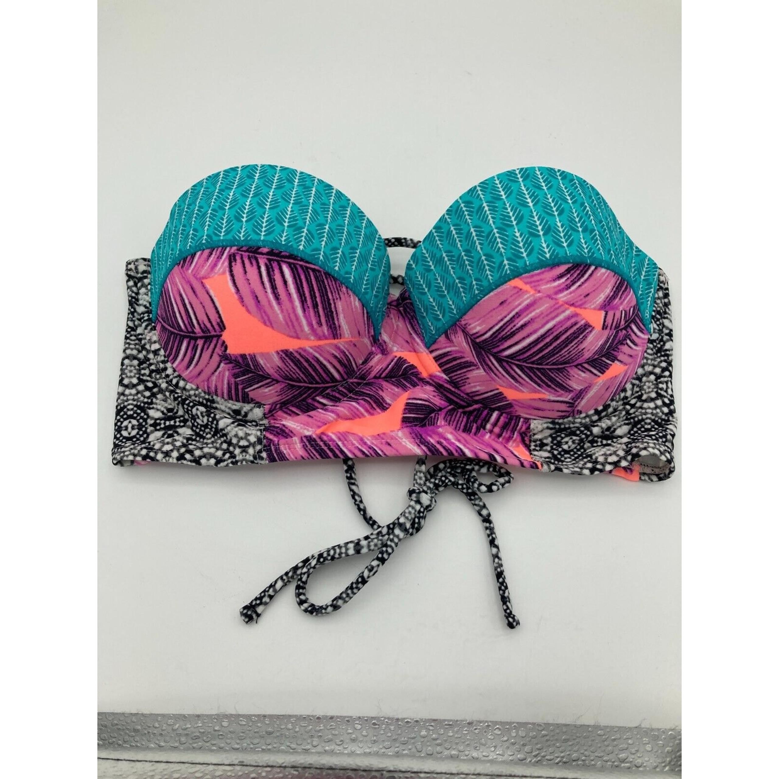 Hula Honey Junior Medium Pink Leaf Breeze Underwire Bandeau Swimsuit TOP M