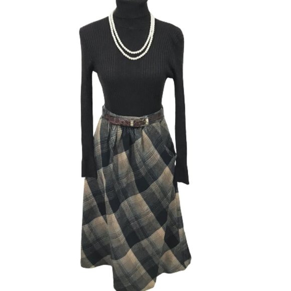 Vintage 70s High Waisted Skirt A-Line Wool Secretary Skirt Pockets Pleated S,M