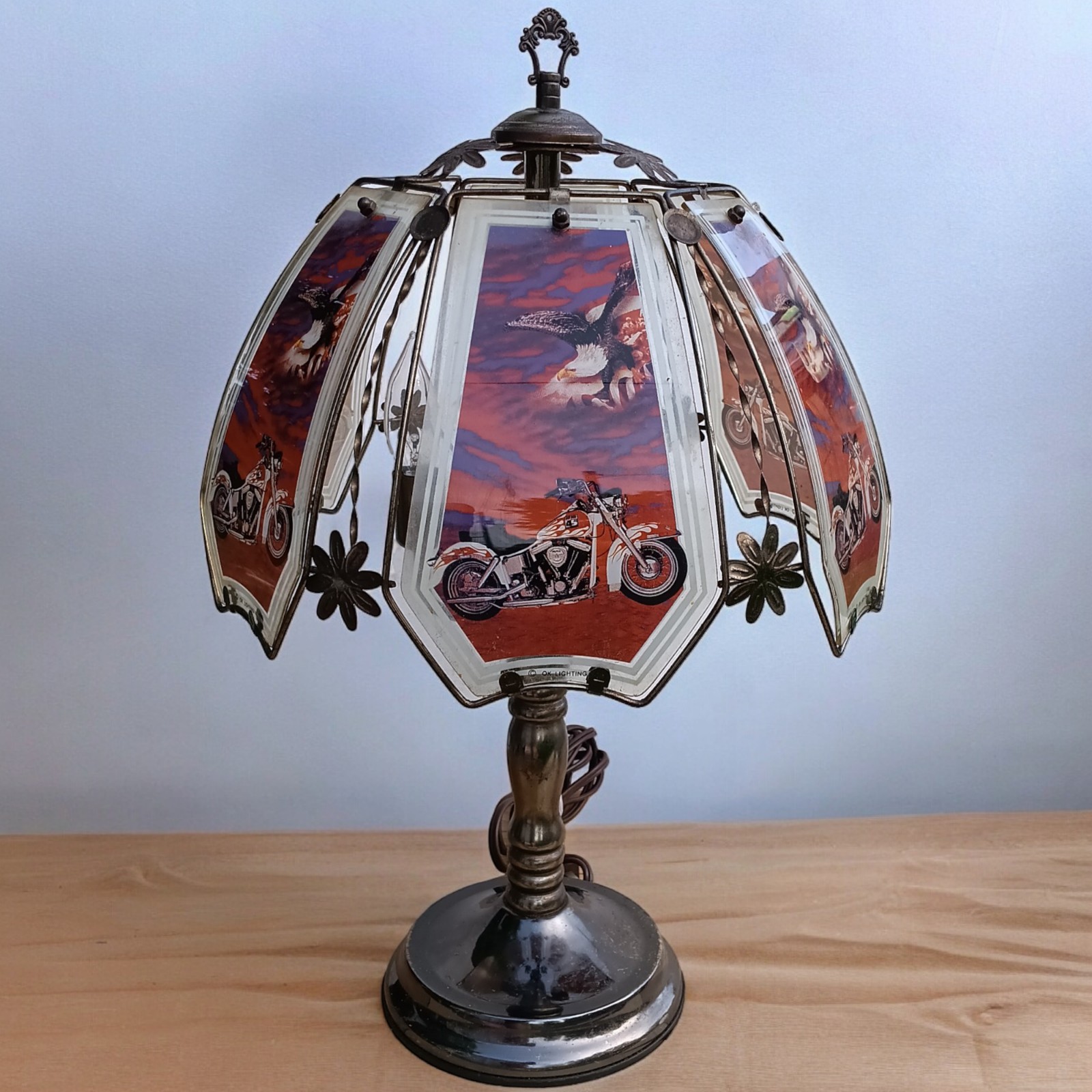 Vtg OK Lighting Touch Table Lamp Glass Panel Shade Gunmetal Motorcycle Man cave