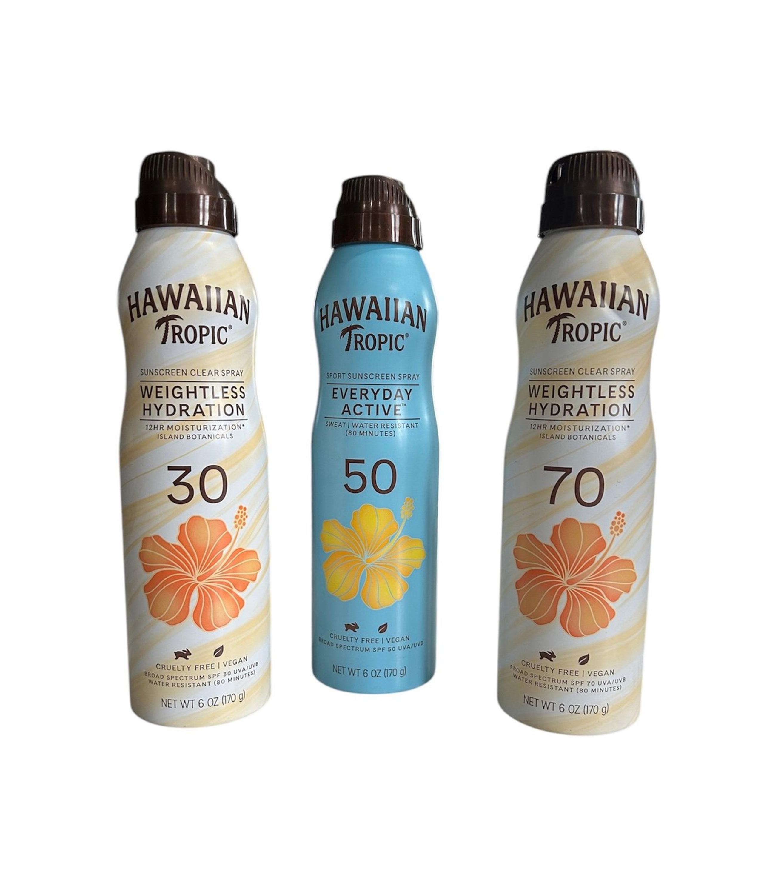 HAWAIIAN TROPIC SPRAY SUNSCREEN, 3 PACK, 6 OZ BOTTLES, SPF 30, 50, AND 70, NEW
