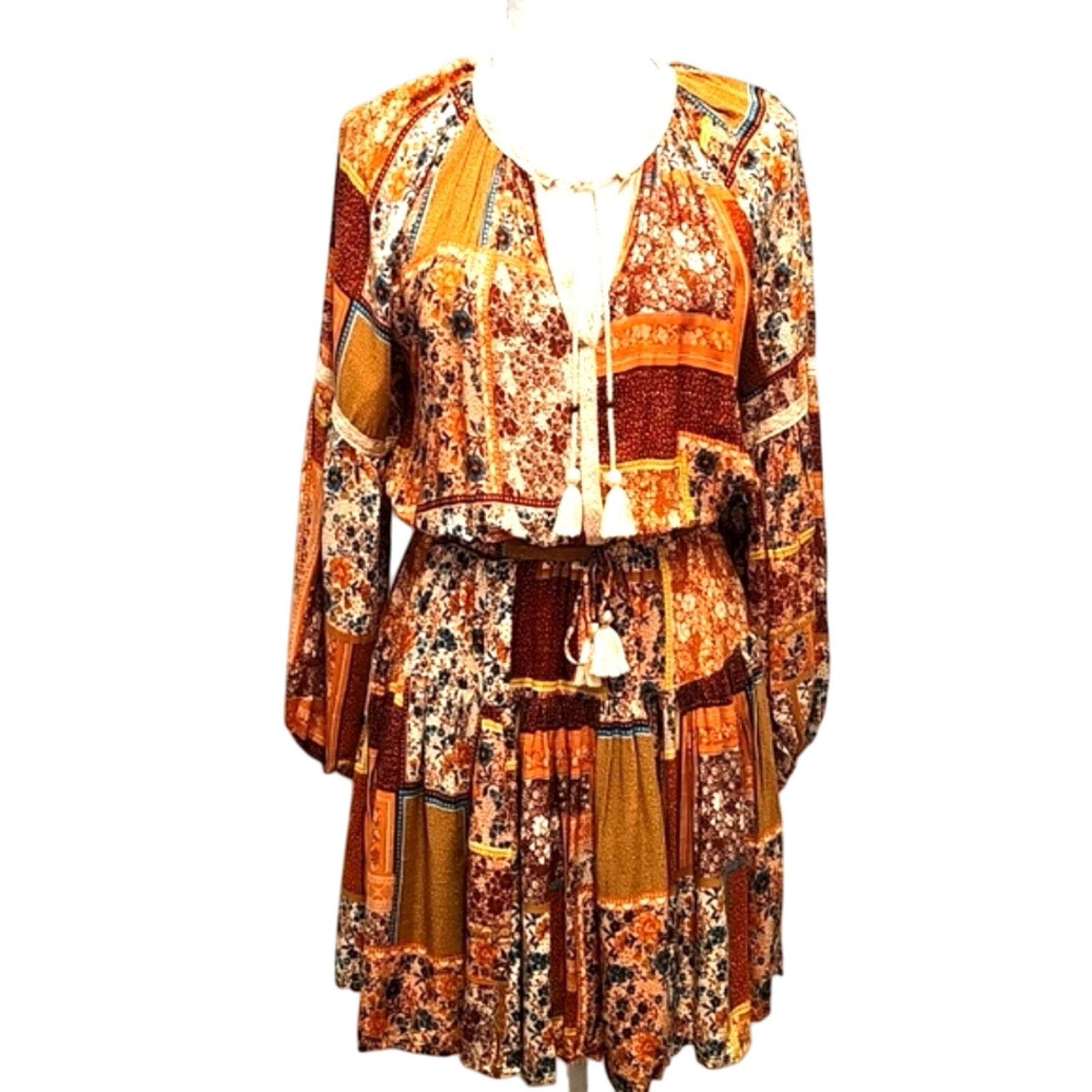 Olivaceous Women Patchwork Balloon Sleeve Tassel V-neck Boho Mini Dress Size M