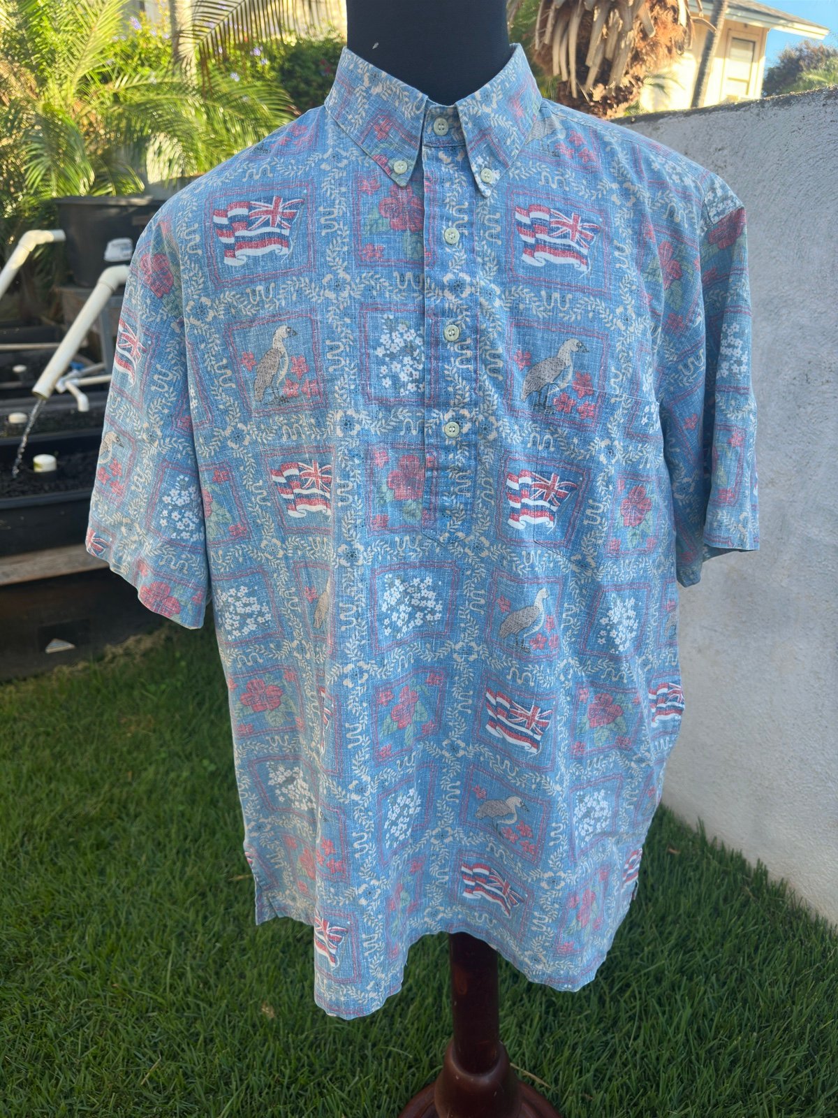 PreOwned Reyn Spooner Hawaiian Print Blue 3/4 Button Men's XXL