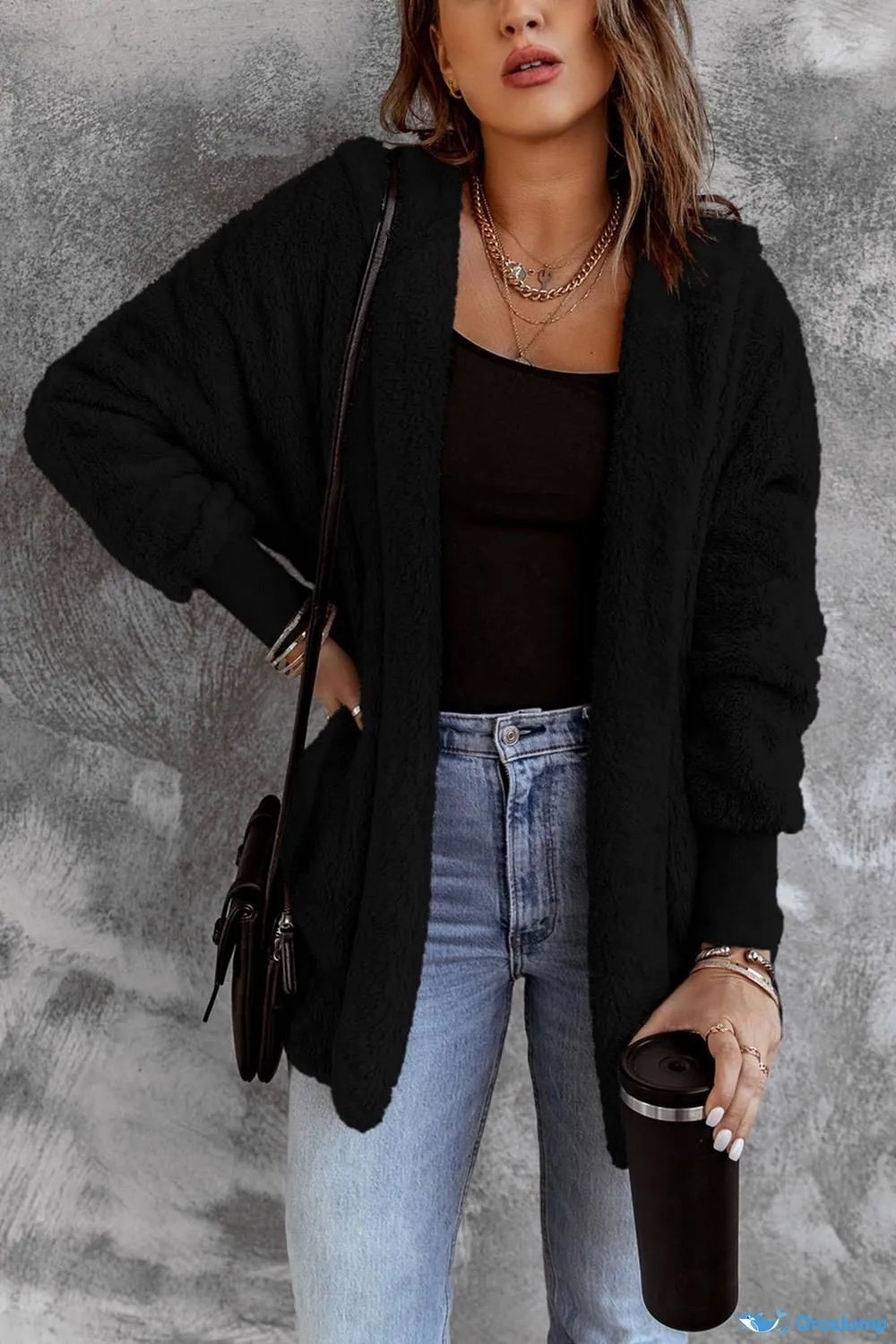 Black Hooded Teddy Plush Jacket faux fur