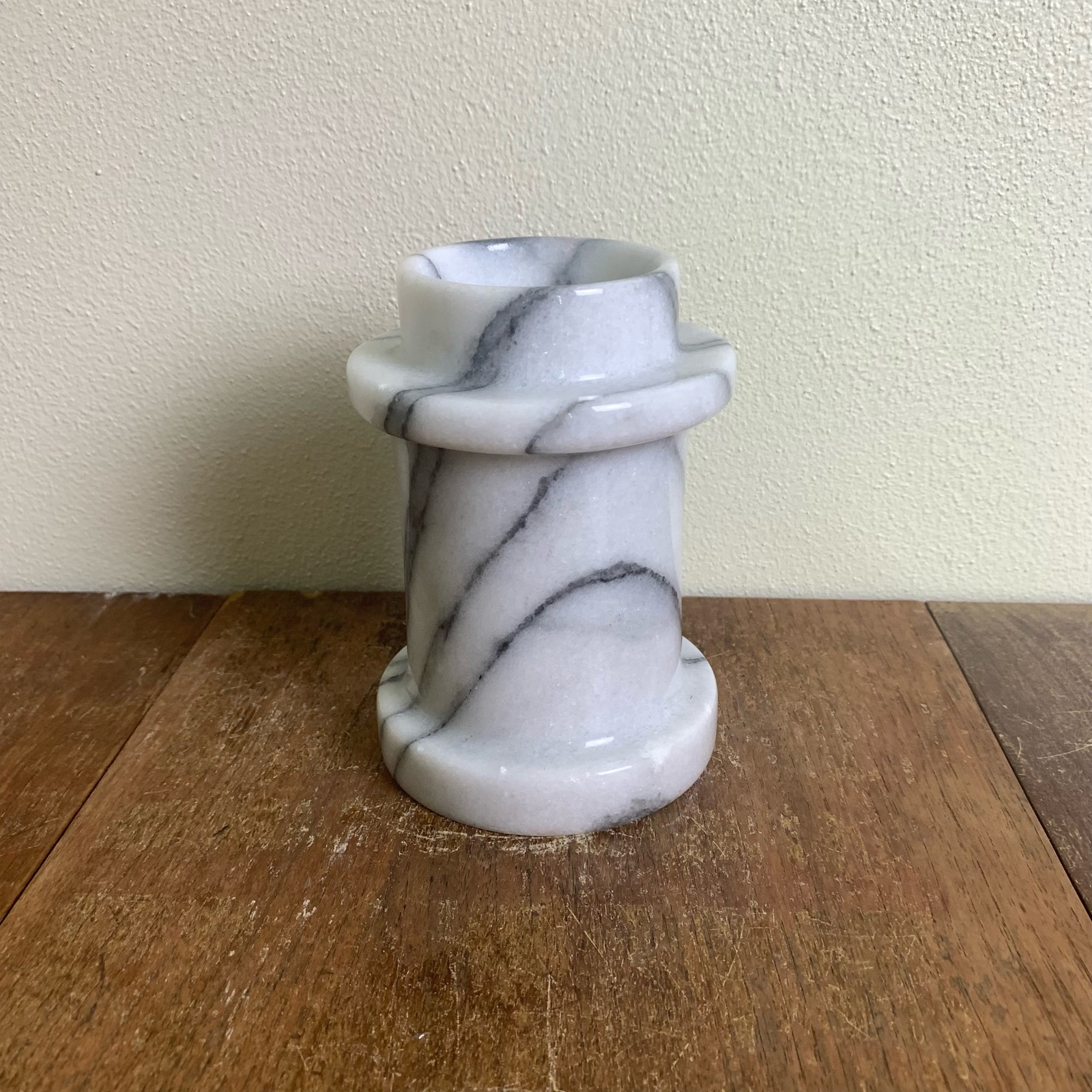 Vintage White Gray Veined Solid Marble Convertible Column Candle Holder Italy