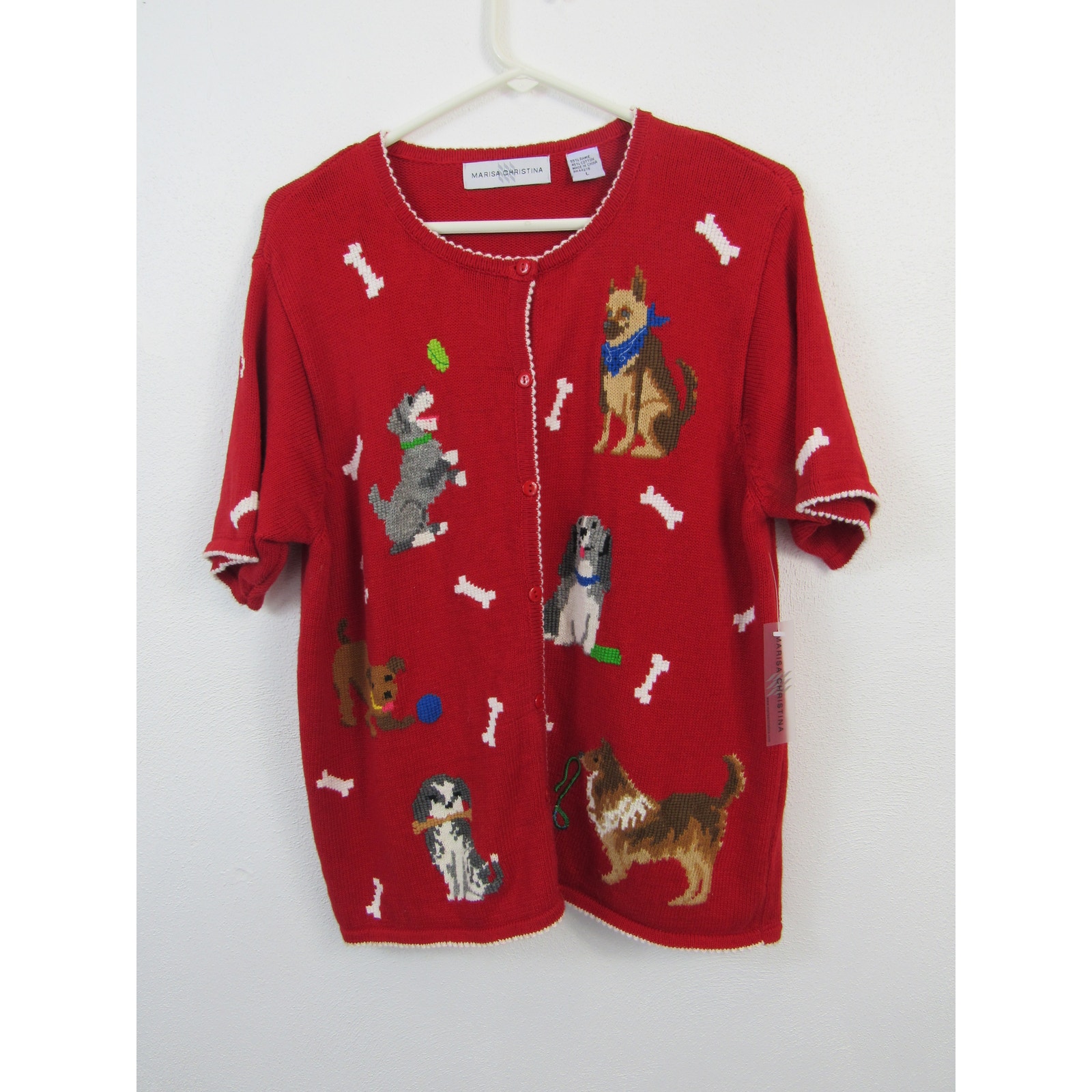 NWT Marisa Christina Large Short Sleeve Button Front Cardigan Knit Dog Sweater