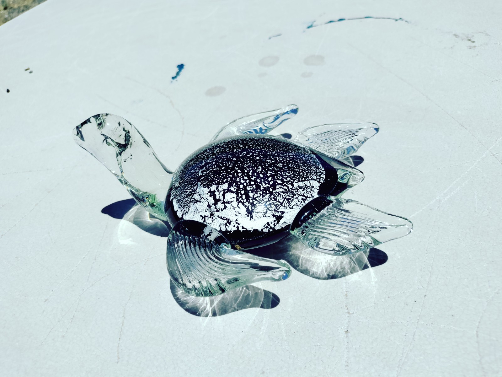 Diamond Star Corporation Vintage Hand Blown Glass Silver Black Turtle 8 x 7