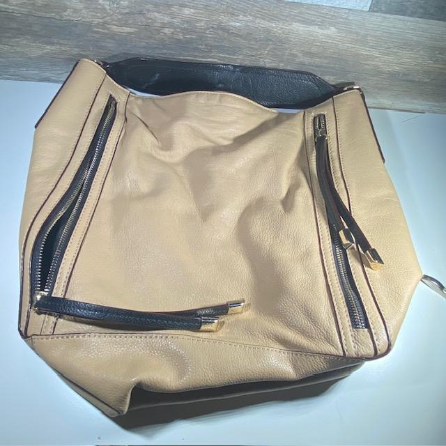 Large Neiman Marcus Beige Taupe Purse Hand Bag Leather Zippers Strap