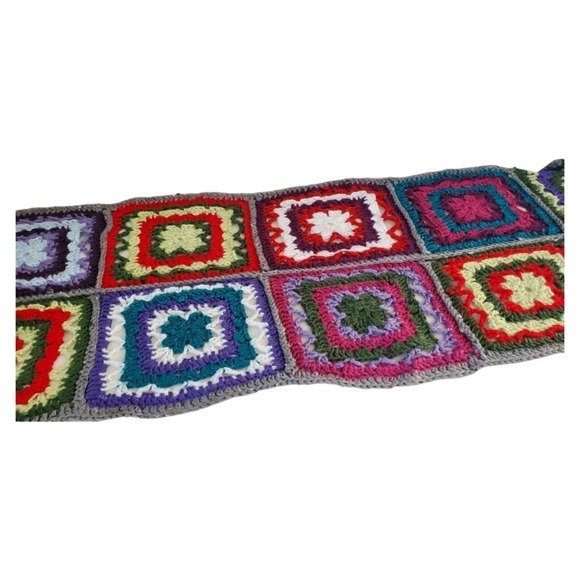 Hand Crocheted Multicolored Table Runner Boho Hippie Granny Square Vintage