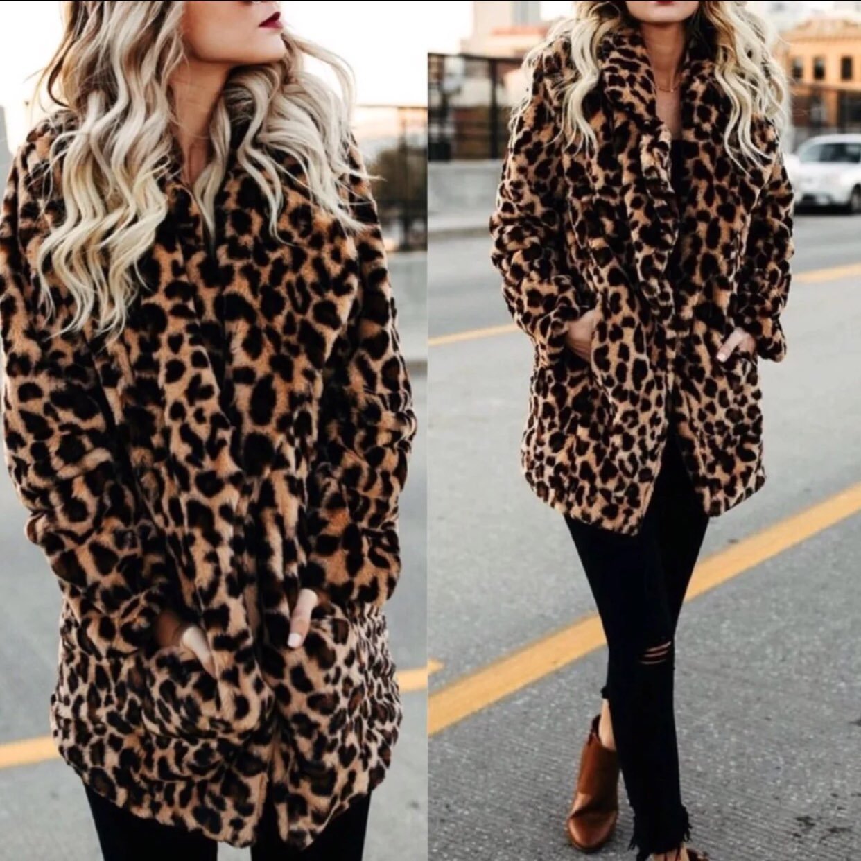 Womens leopard jacket coat oversized fuzzy