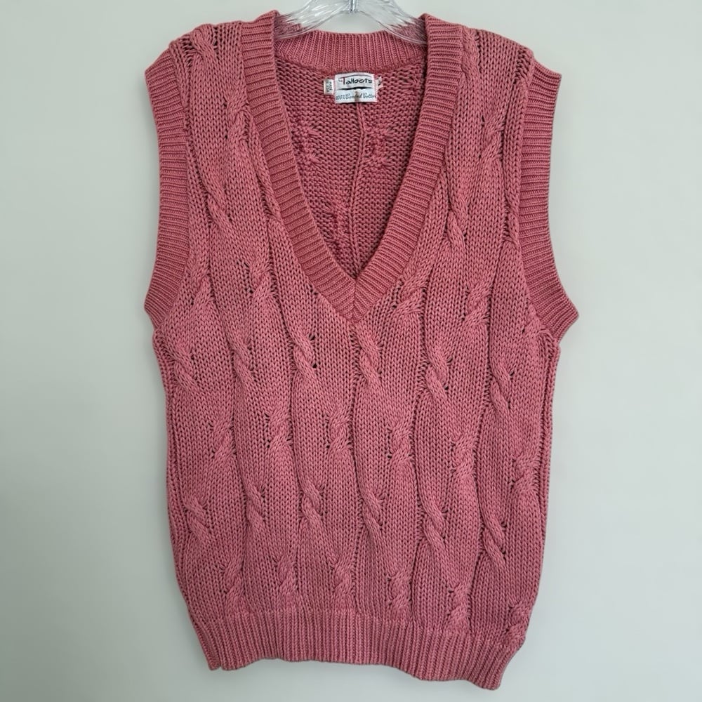 Vintage Talbots Pink Cable Knit Sweater Vest Size L Cotton Preppy Made in USA