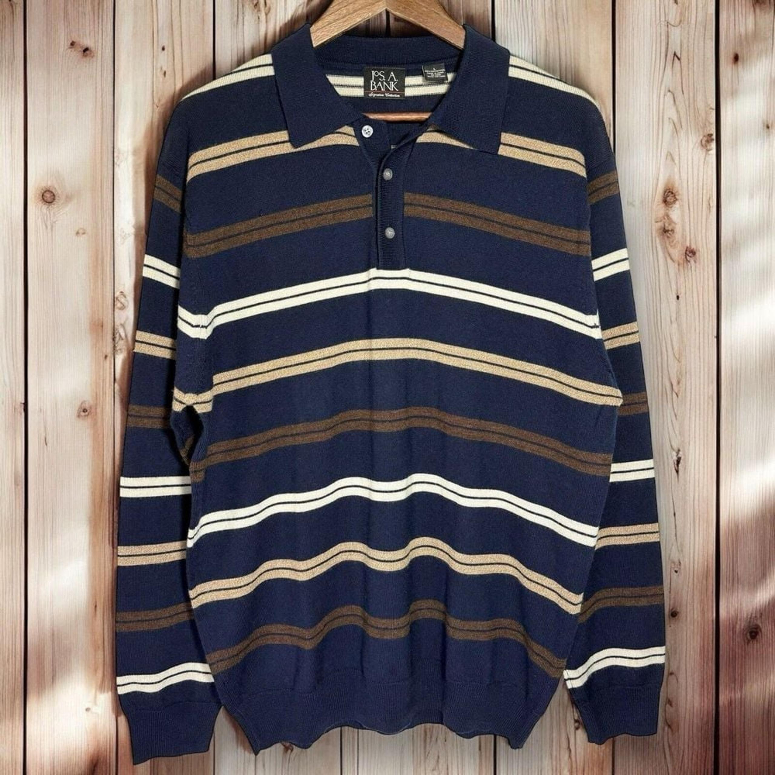 Jos A Bank Sweater Size Large 100% Merino Wool Henley Navy Stripe Base Layer