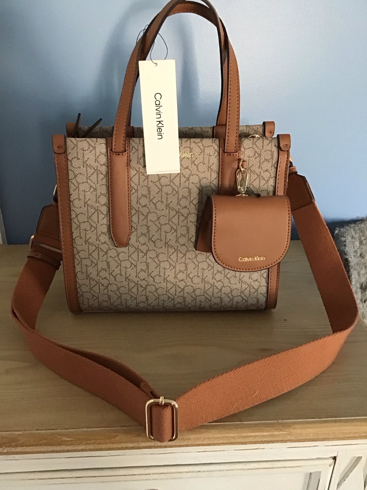 New Calvin Klein Brown and Cream Tote with Mini Coin Purse and Adjustable Strap