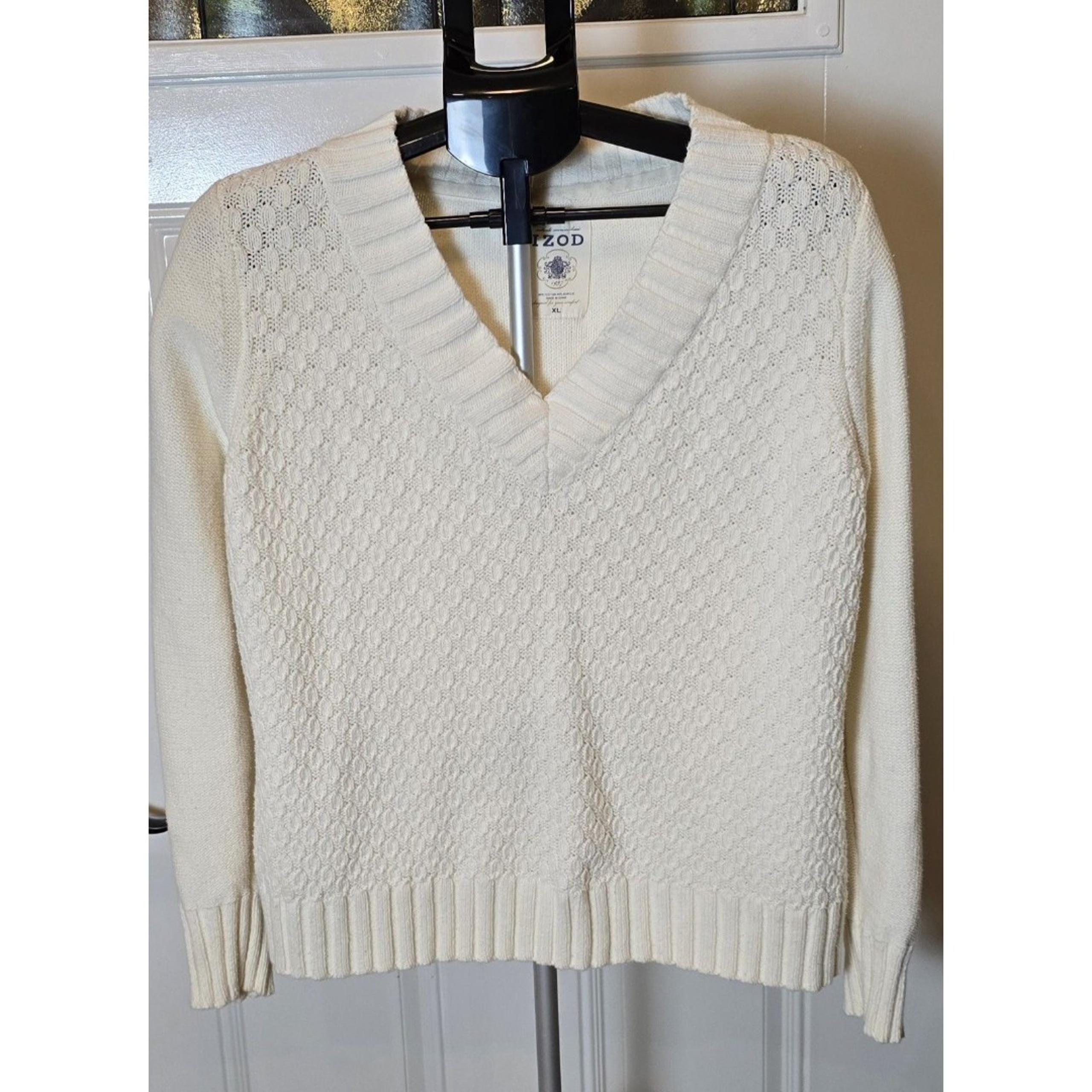 Izod Womens Beige Balloon Sleeve V Neck Tight Knit Pullover Sweater Size XL