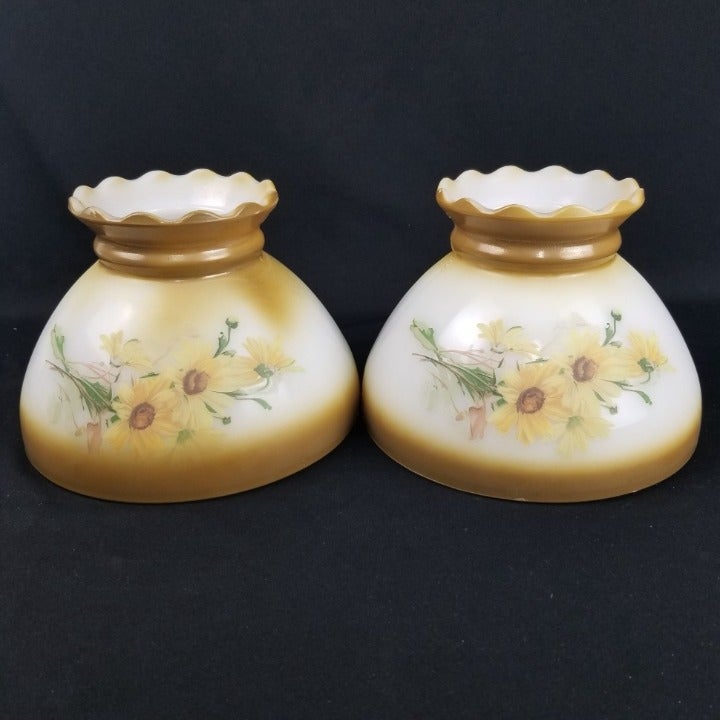 2 Daisy Oil Lamp Shades Hand Painted Floral Glass 8 Fitter #13 #19 Brown Yellow