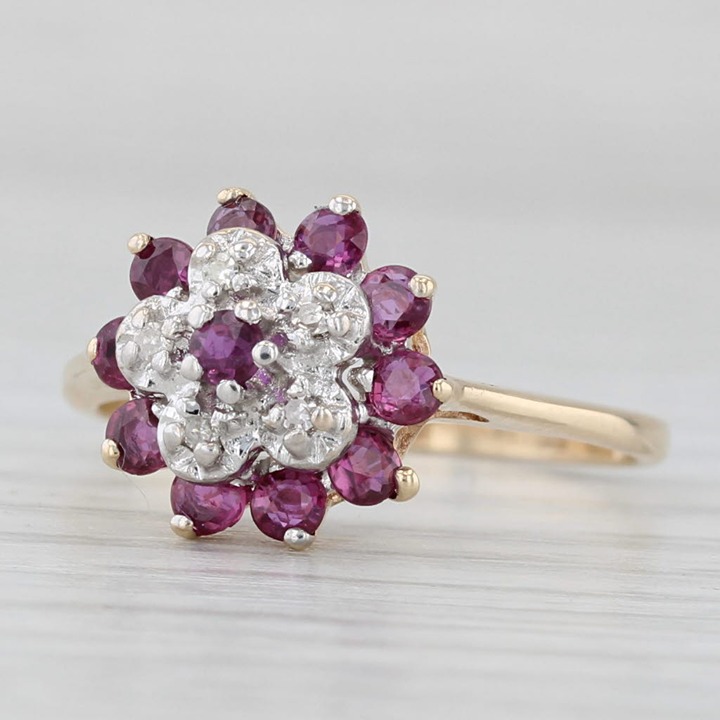 0.45tw Ruby Diamond Flower Ring 10k Yellow Gold Size 6