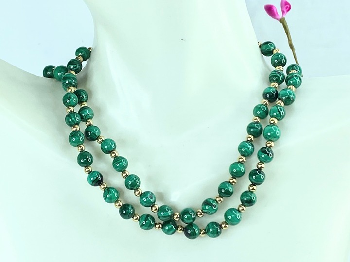 14K gold Malachite beaded necklace 3.0m 14K gold spacer necklace 19.5 JR9686
