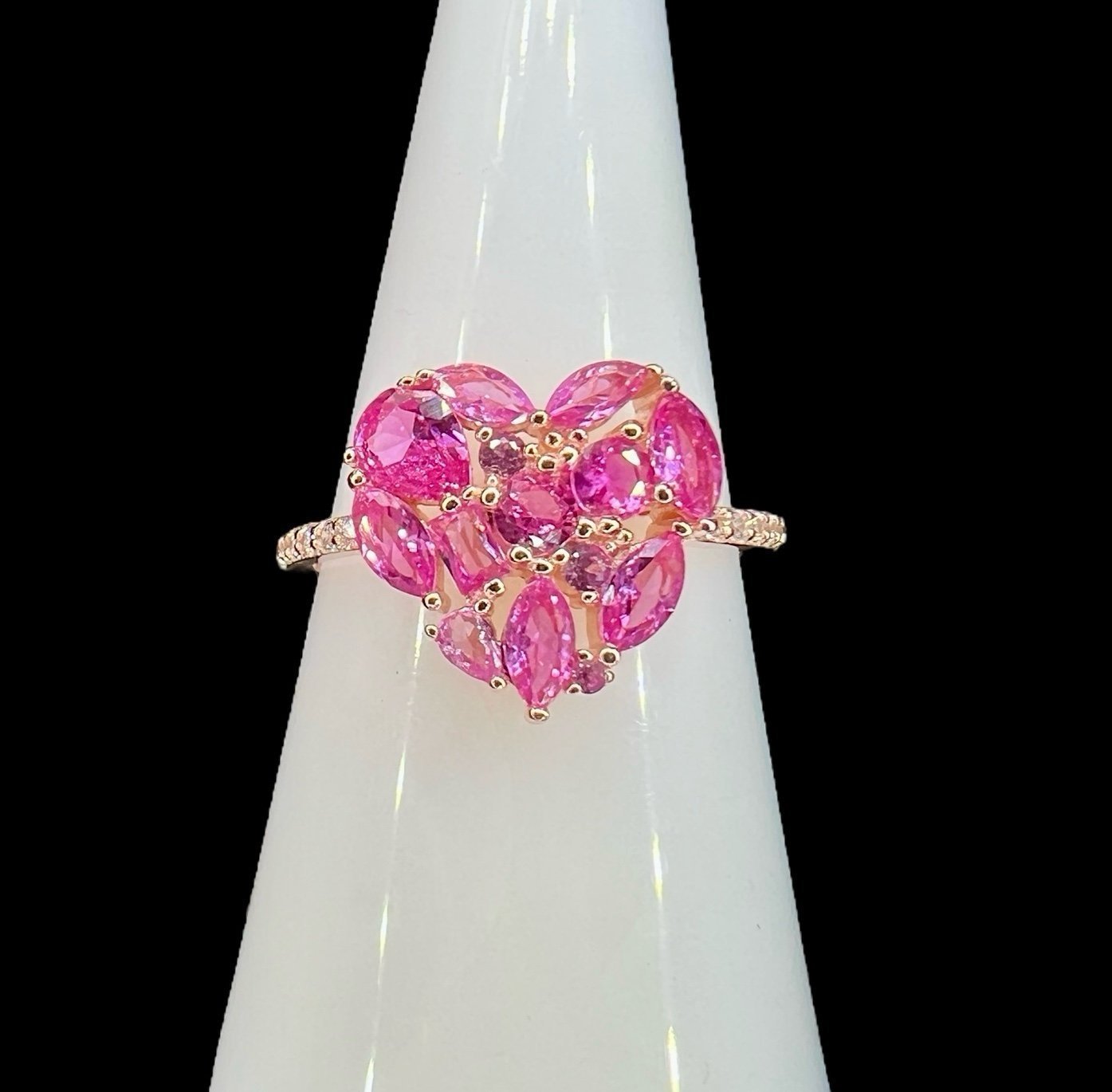 925 Sterling Silver Rose Corundum Cluster Heart Ring Size 7