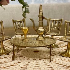 Vtg Miniature Furniture Brass Dining Set Table, Chairs, Decanter, Goblets 2 Sets