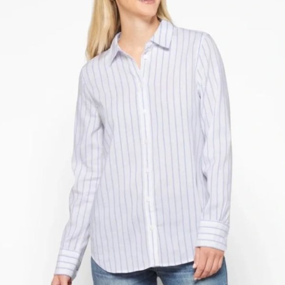 Faherty Top Malibu Linen Button Up Shirt in Blue & White Pier Stripe | EUC | Lg