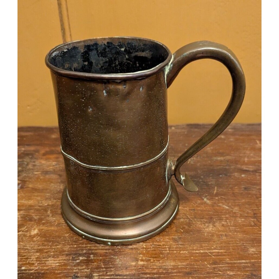 Antique VTG Unique 6 Hand Wrought Copper Mug Stein w/ Wood Weighted Bottom