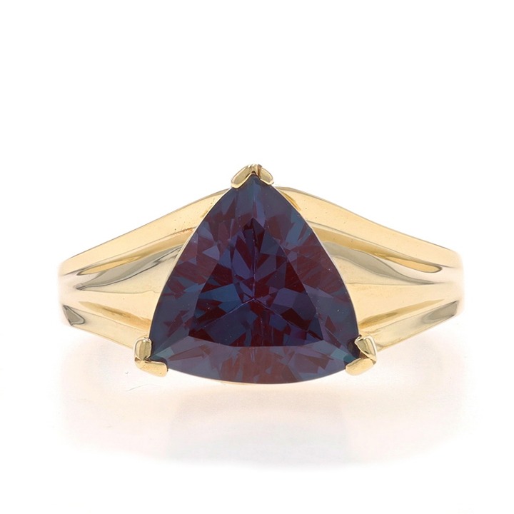 Yellow Gold Lab Color Change Sapphire Solitaire Ring 10k Trillion 3.39ct LX2303
