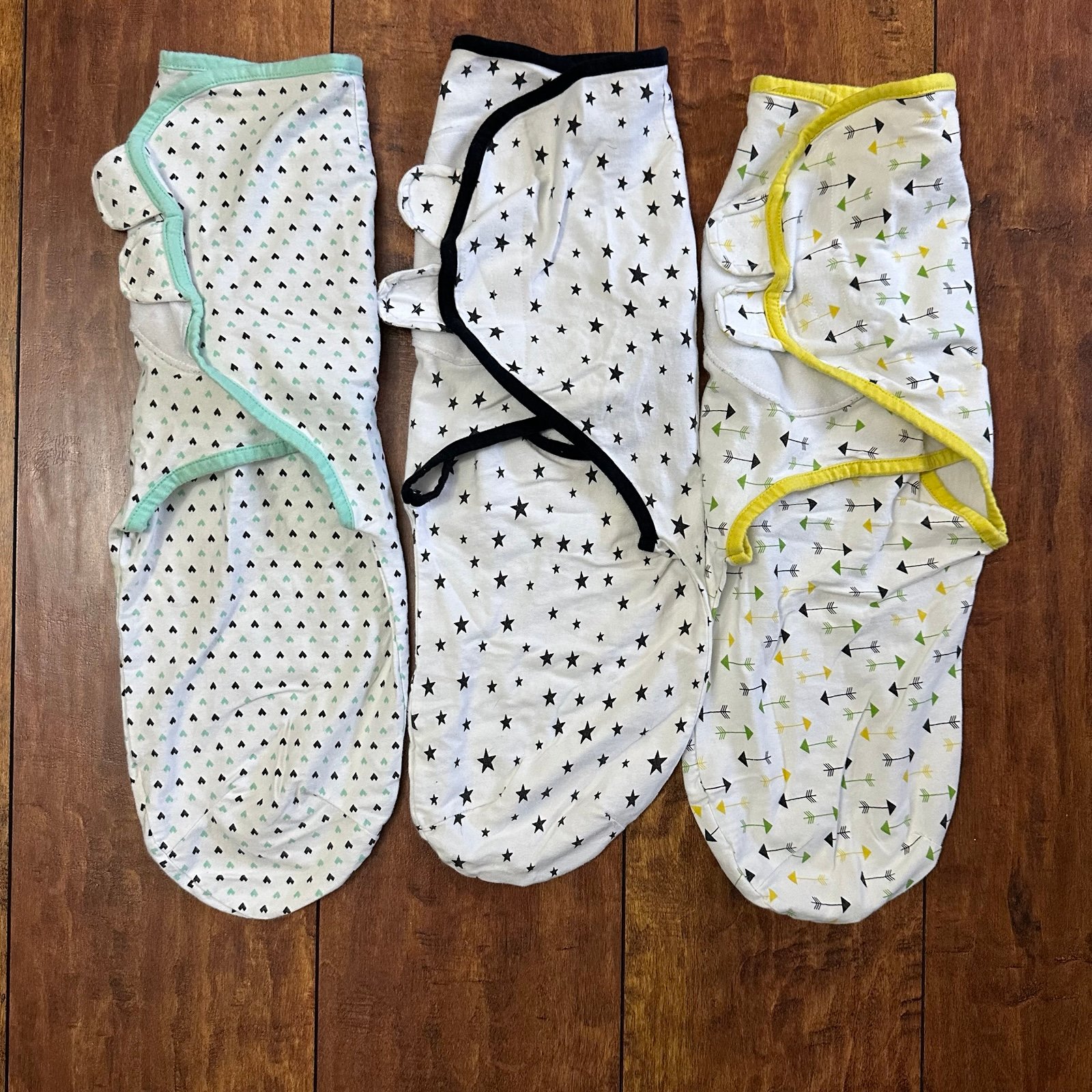 Set of Three Baby Swaddle Blankets with Heart, Star and Arrow Patterns
