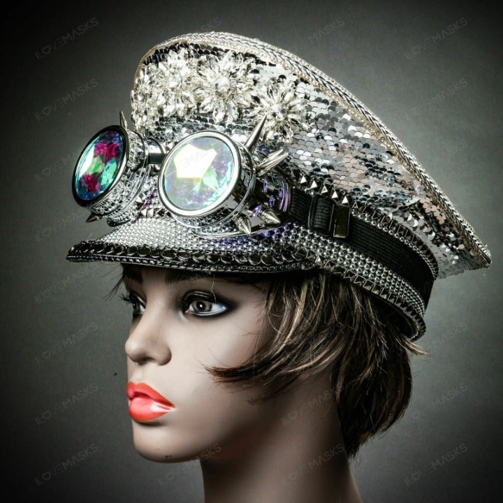 Steampunk Goggles Military Captain Cap Sequin Rhinestone Music Party Hat Silver