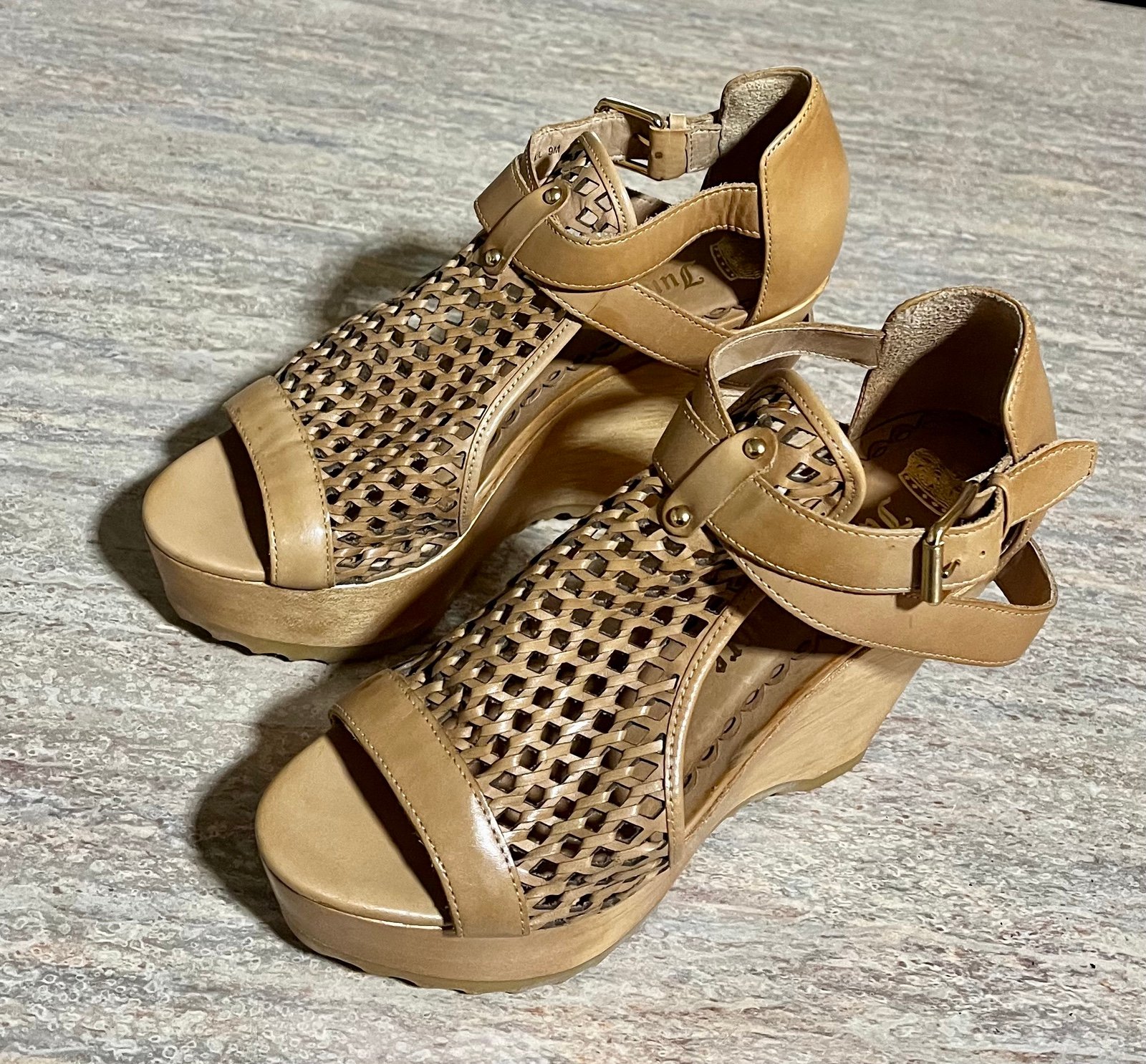 Juicy Couture Woven Tan Open Toe Strapped Wedge Sandals