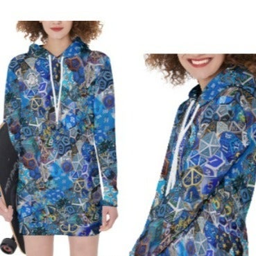 Hoodie Dress -Blue- D&D Dice Collage - with lower pocket, Hooded Pullover Dress