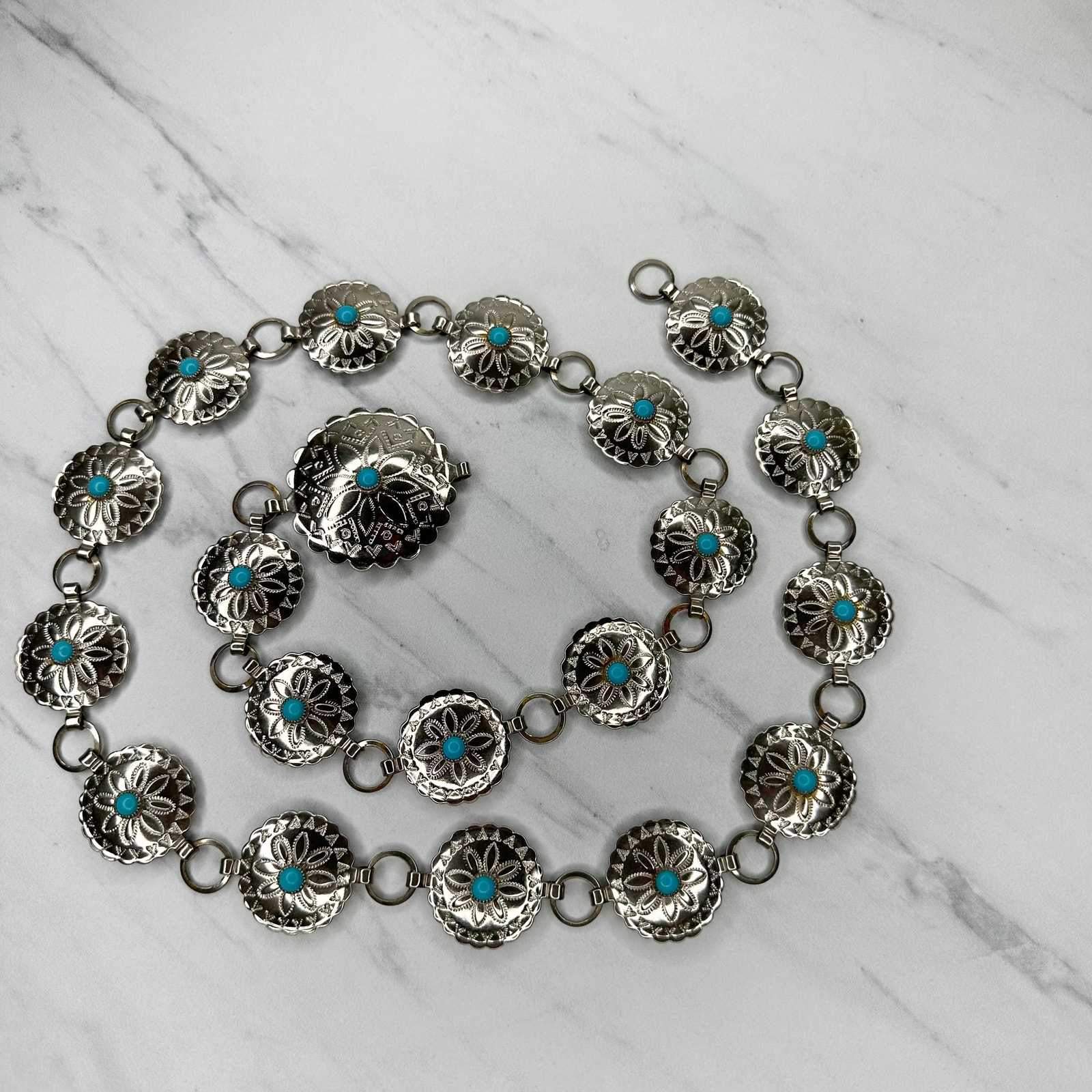 Blue Studded Western Concho Silver Tone Chain Link Belt Size Small S Medium M