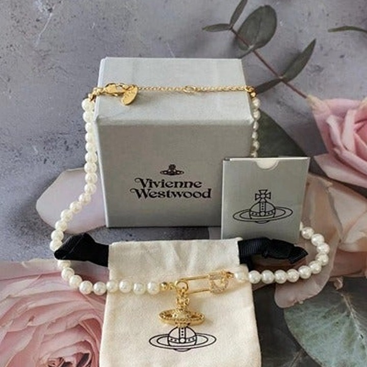 Vivienne Westwood Gold Safety Pin Pearl Necklace
