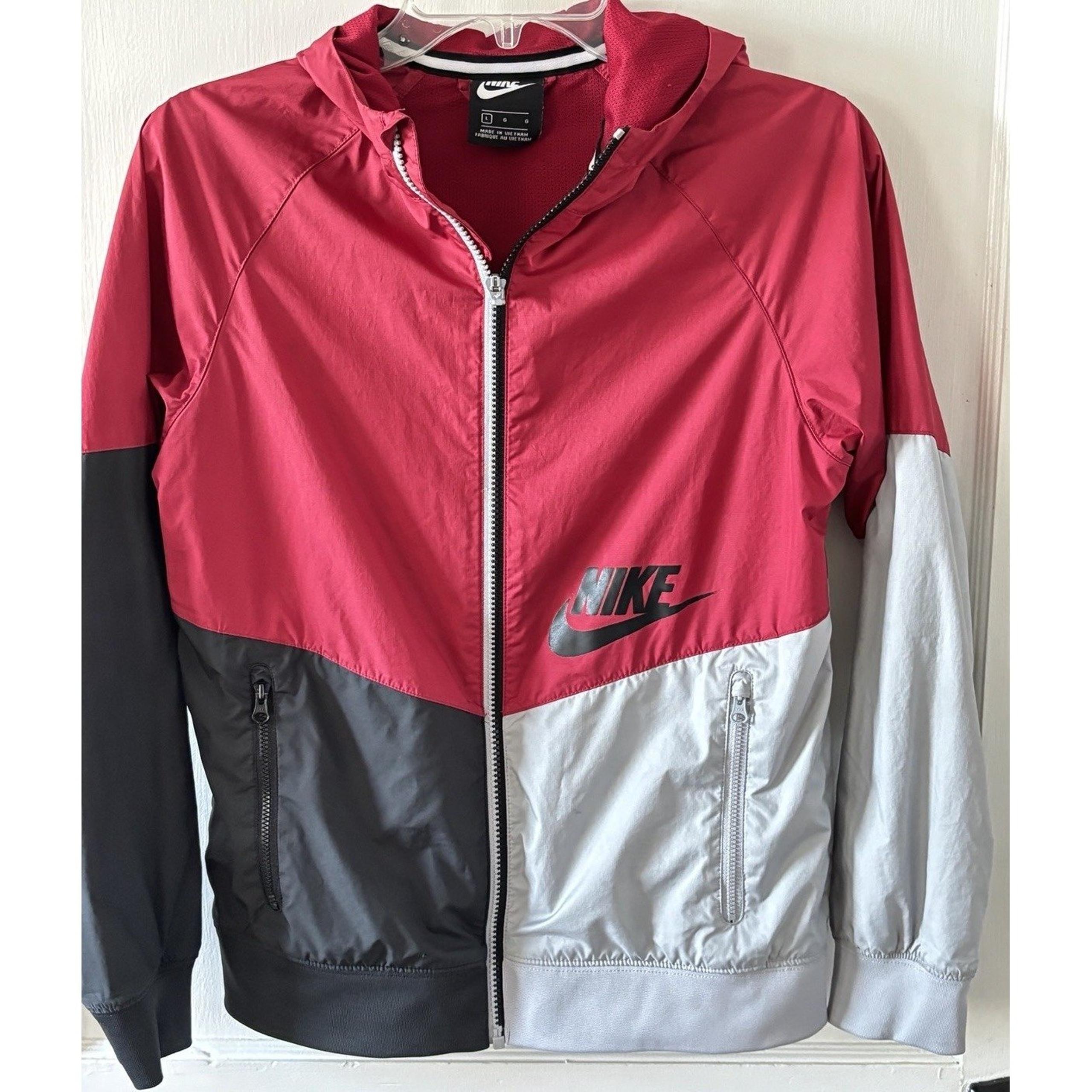 Nike Full Zip Windbreaker Womens Large Red Gray Black Colorblock Hooded