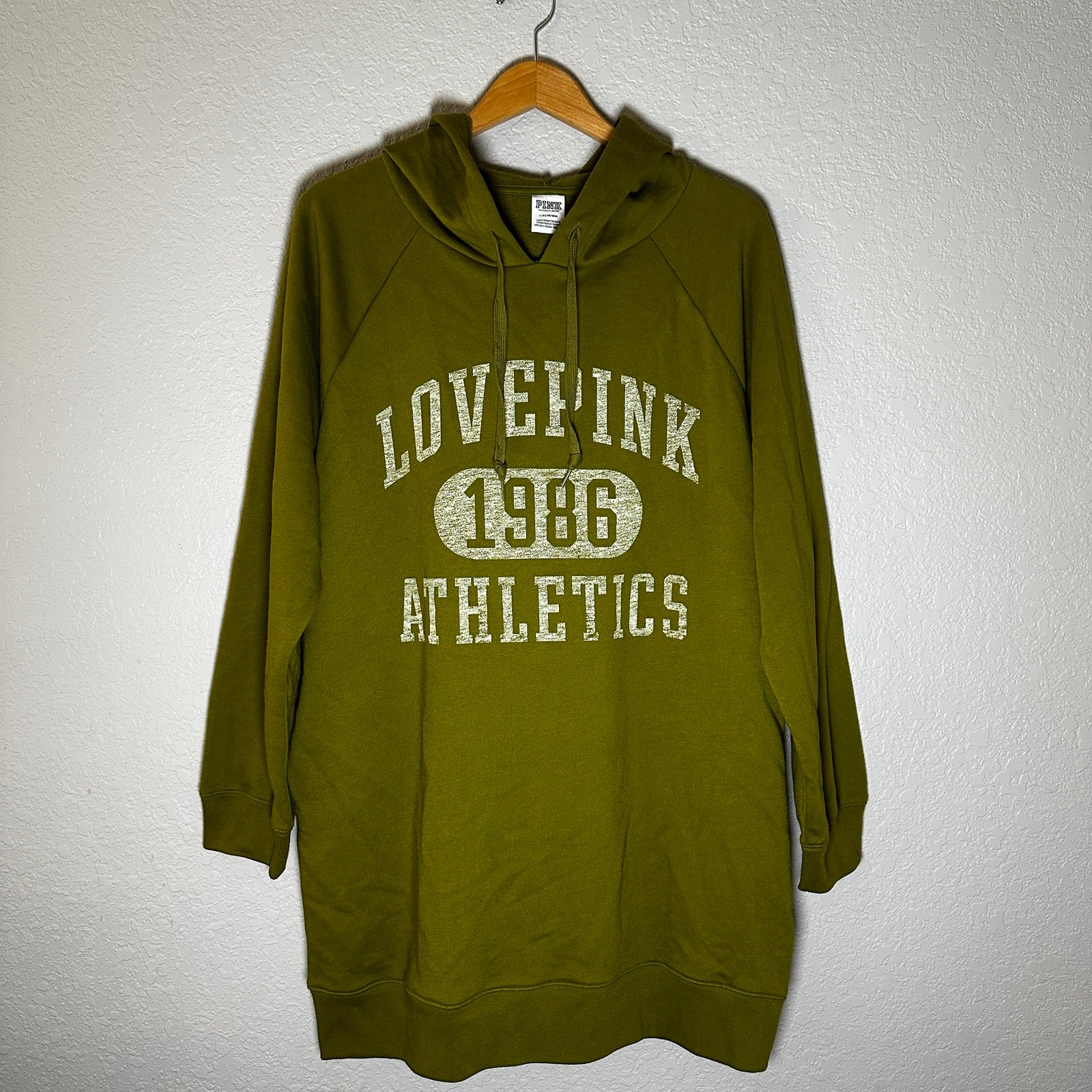 Victoria's Secret PINK Sweatshirt Hoodie Logo Tunic Sweater Dress Size L Green