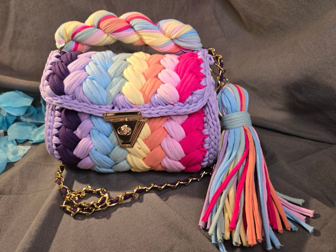 Rainbow-Colored Handmade Chunky Yarn Crochet Clutch/Crossbody