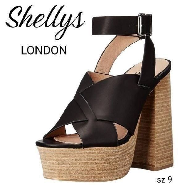 Shellys London Black Leather Ankle Strappy Bold Chunky Platform High Heels Shoes