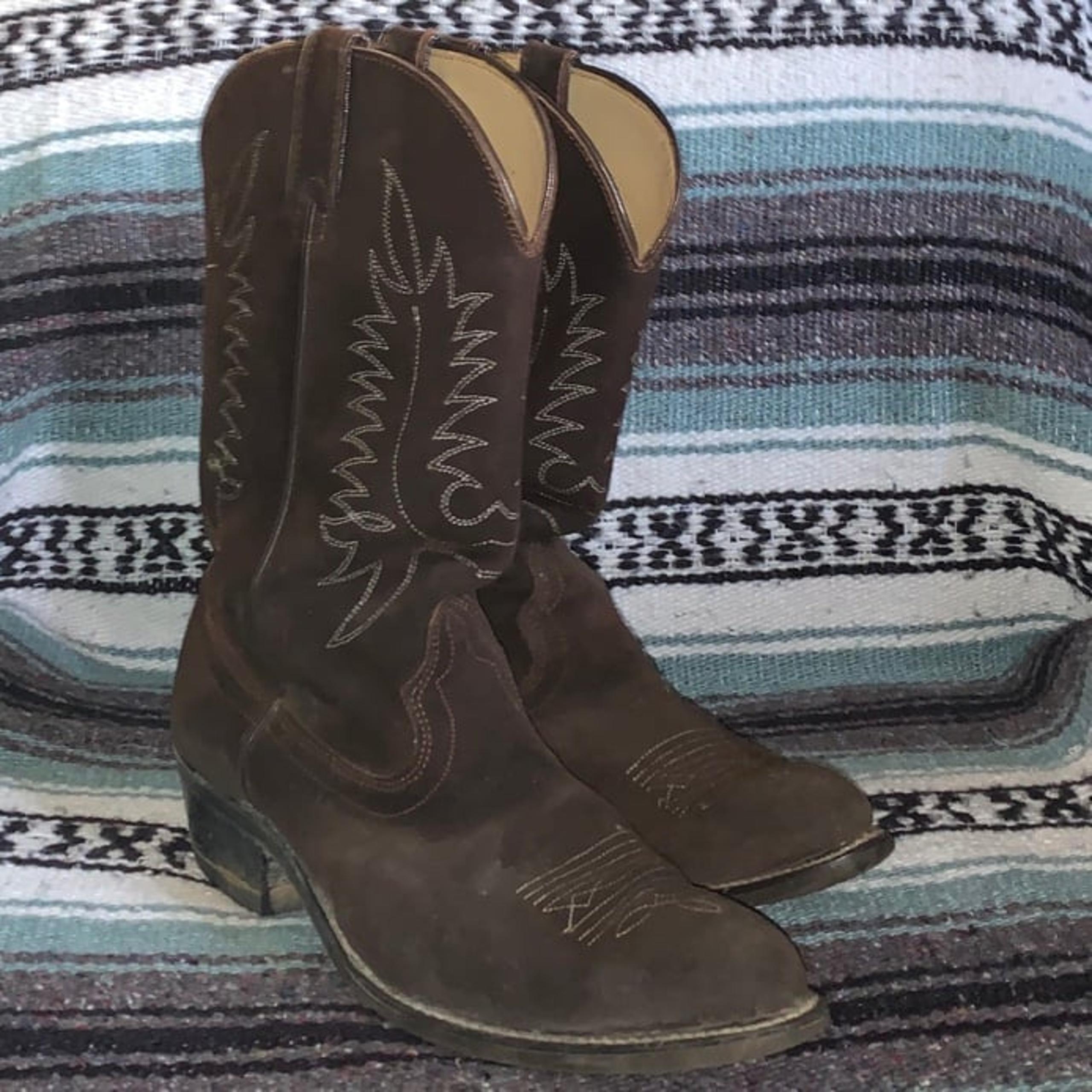 Sheplers Brown Leather Suede Stitched Pull-On Cowboy Western Roper Riding Boots