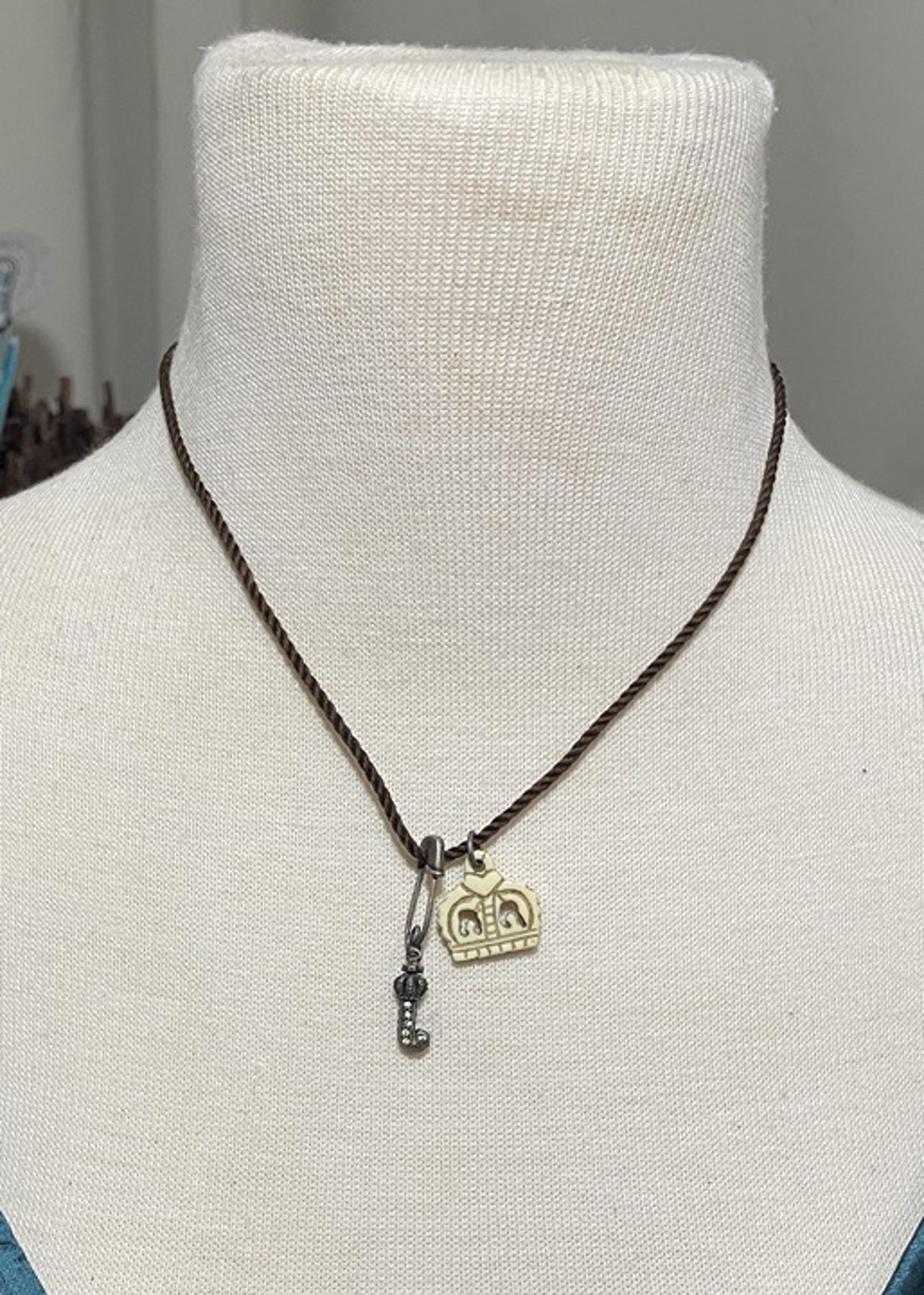 Juicy Couture Crown "J" Safety Pin Necklace Brown Cord 16" (J-088)