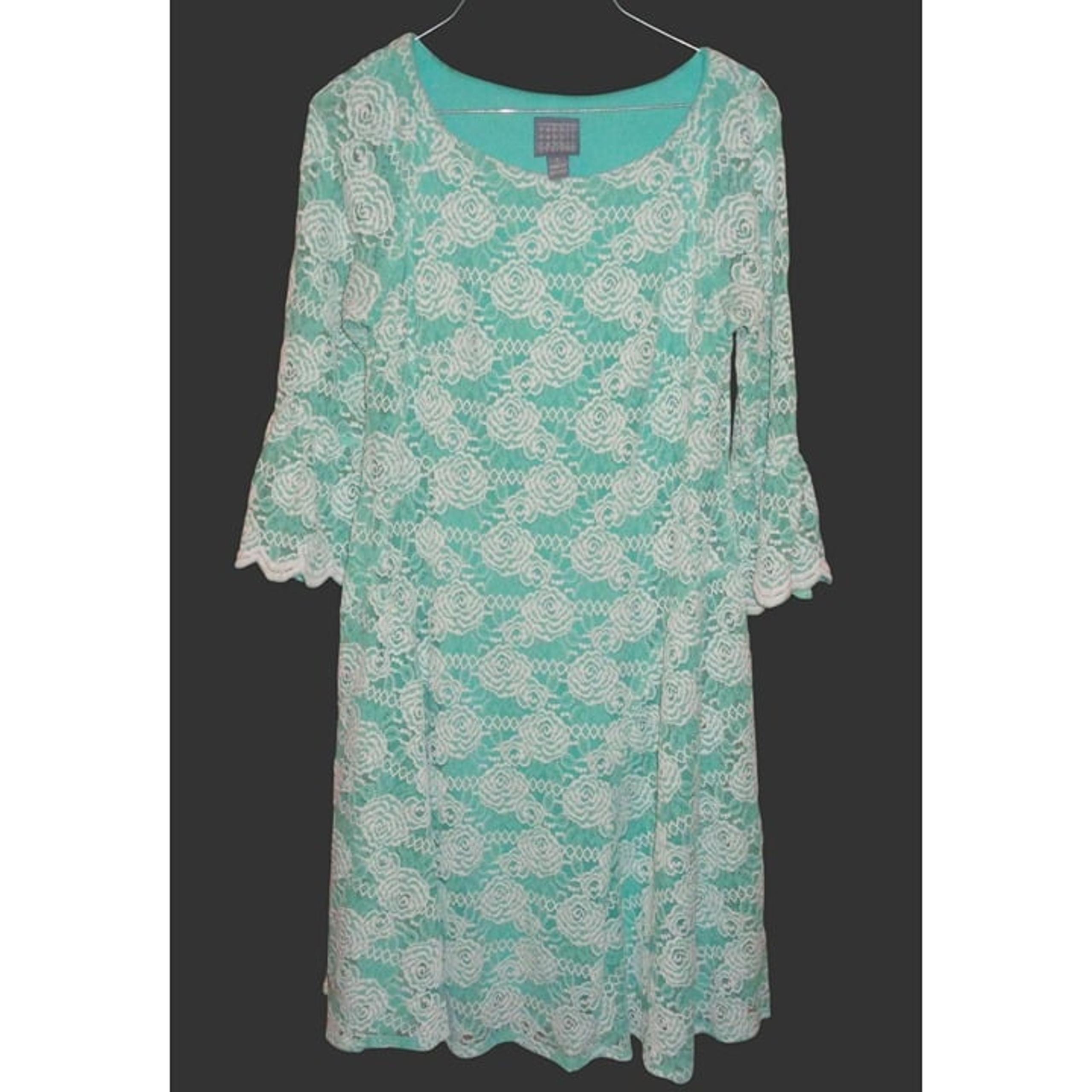 Rabbit Mint Green White Rose Floral Lace Overlay Fit & Flare Dress Bell Sleeve 8