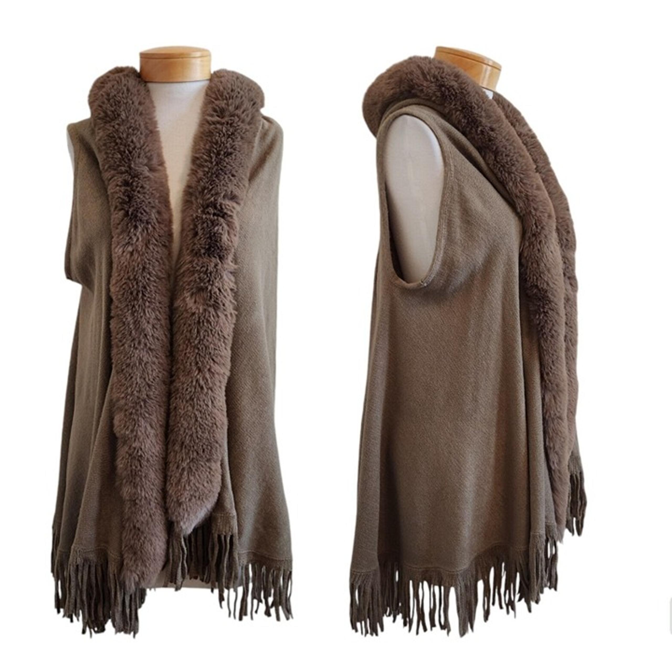 Northern Angel Anthropologie Brown Faux Fur Hooded Oversized Fringe Vest S/M