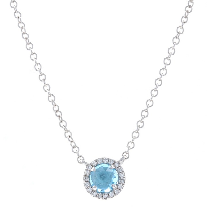 White Gold Blue Topaz & Diamond Halo Necklace 14k Rose Cab .46ctw Adjust RR0159