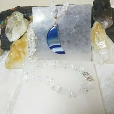 Necklace Crescent Moon Blue Banded Agate Clear Quartz Crystal Handcrafted