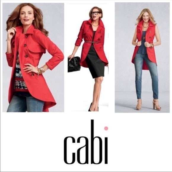 Cabi 2 Poppy Red 334 Convertible Trench Coat Jacket Vest Pockets 3 in 1 Belted