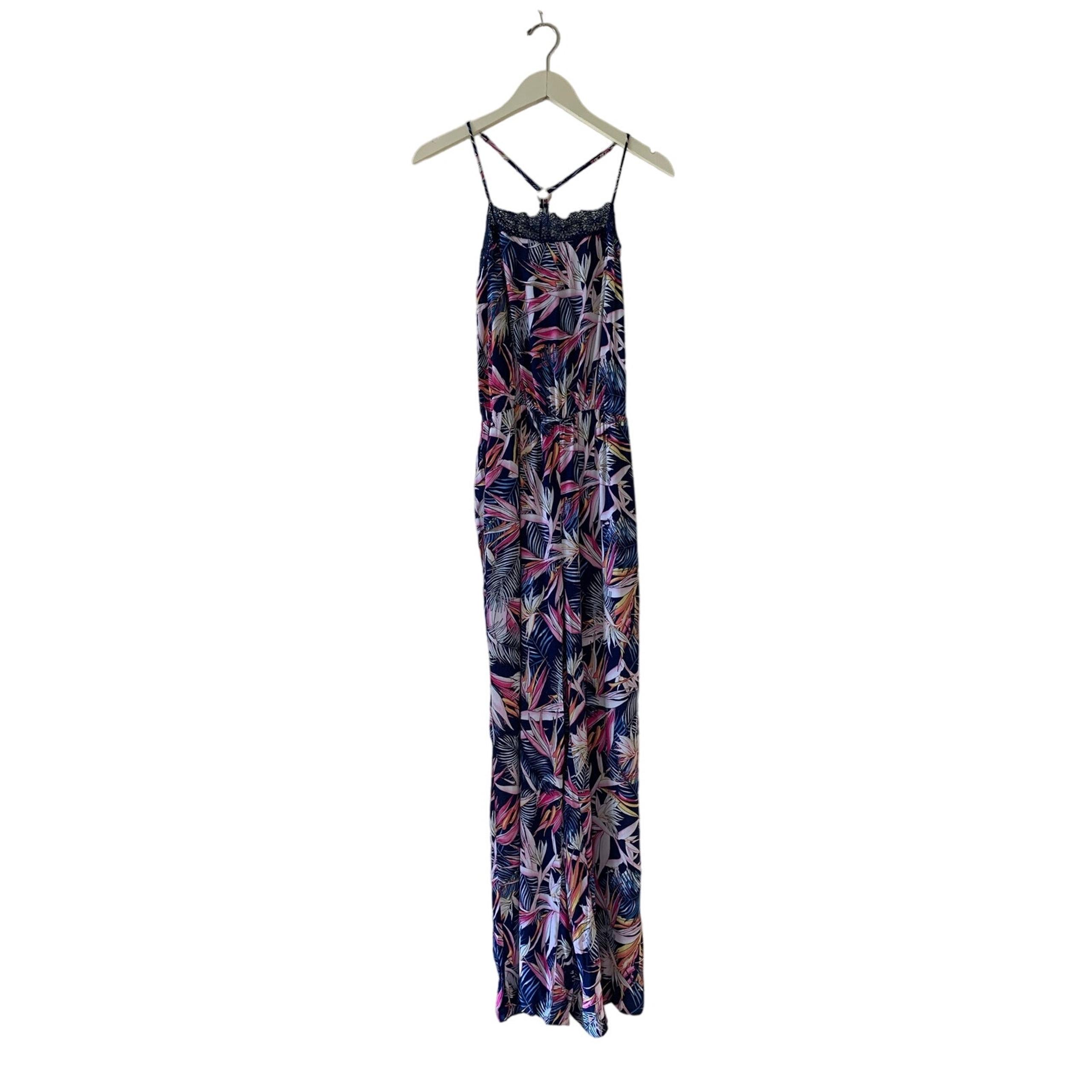 Tropical Floral Print Jumpsuit Elastic Waist Blue Pink Laundry by Shelli Segal