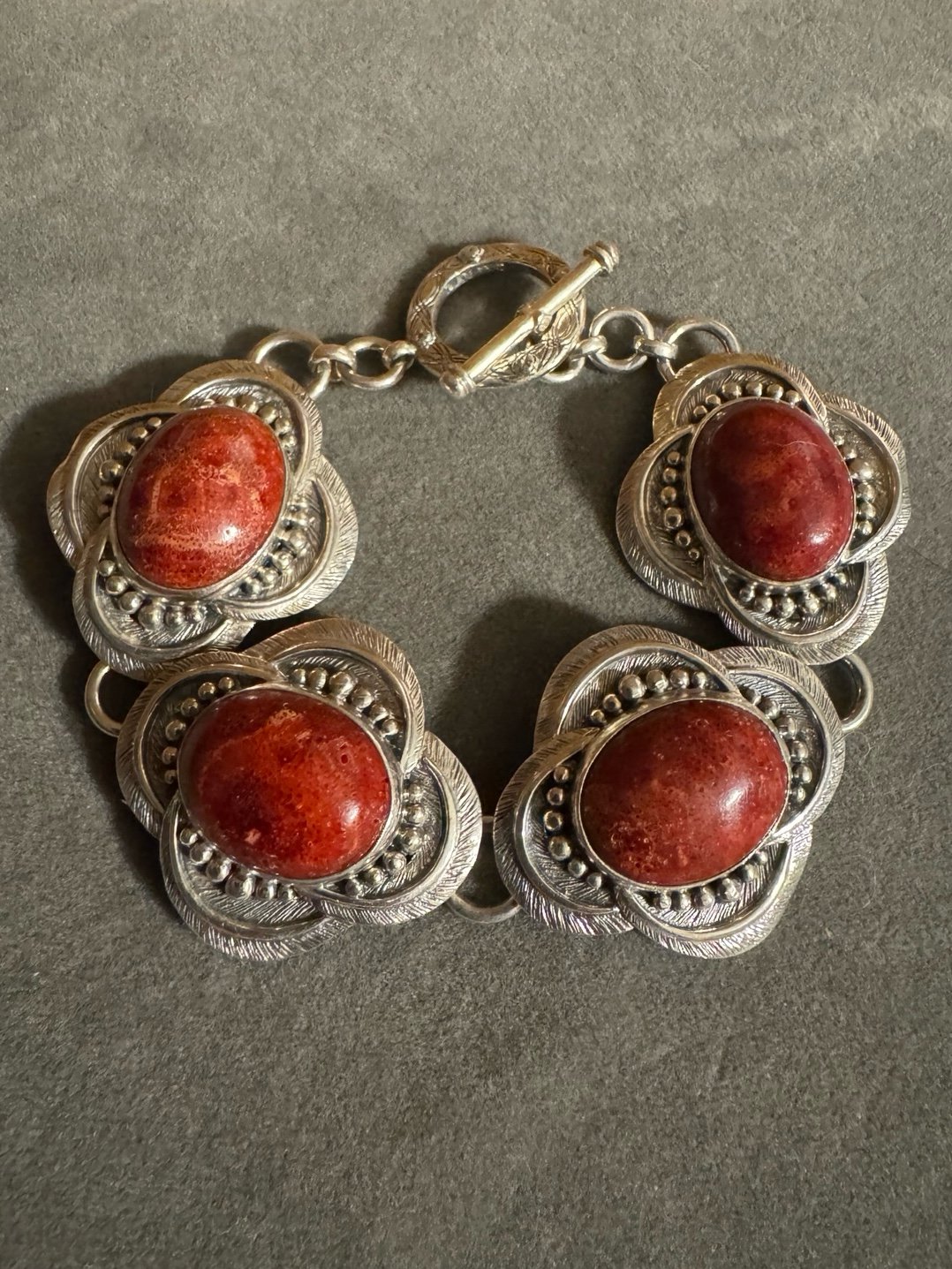 Vintage Statement BJ 925 Red Coral Link Bracelet