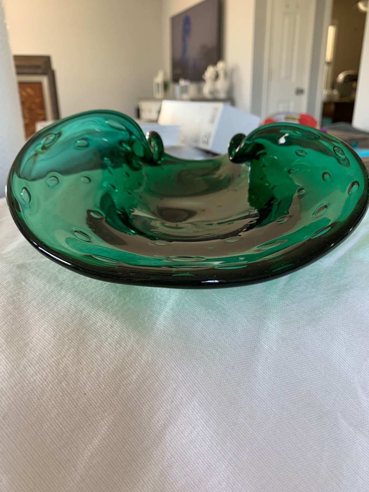 Murano Ruffled Art Glass Bullicante Controlled Bubble Emerald Green